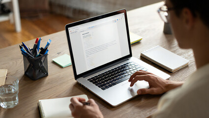 Focused Professional Working from Home on Laptop Analyzing Data and Writing Notes for Increased Productivity and Success