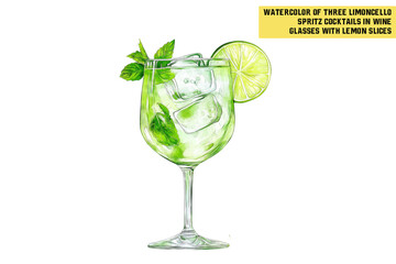 Fototapeta premium Glass of Hugo Spritz cocktail with ice, lime wheels and mint leaves on light green background. Watercolor illustration of refreshing summer drink. Summer cocktail and aperitif concept.