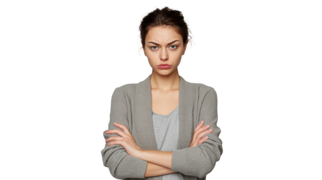 A woman with crossed arms showing a serious expression against a black background. - Powered by Adobe
