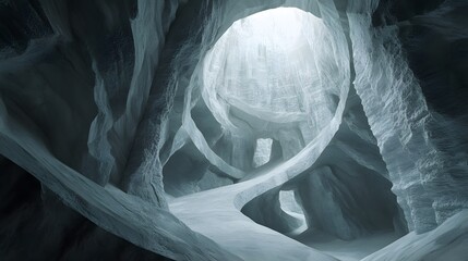 3D render of a stark, icy cave with a bright spotlight illuminating intricate, twisting formations.