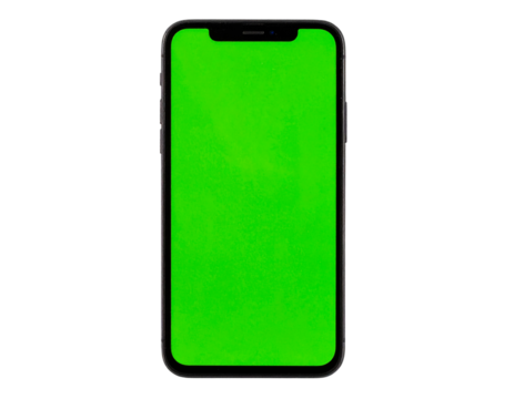  Front View Modern Smartphone with Green Screen, isolated on transparent background PNG
