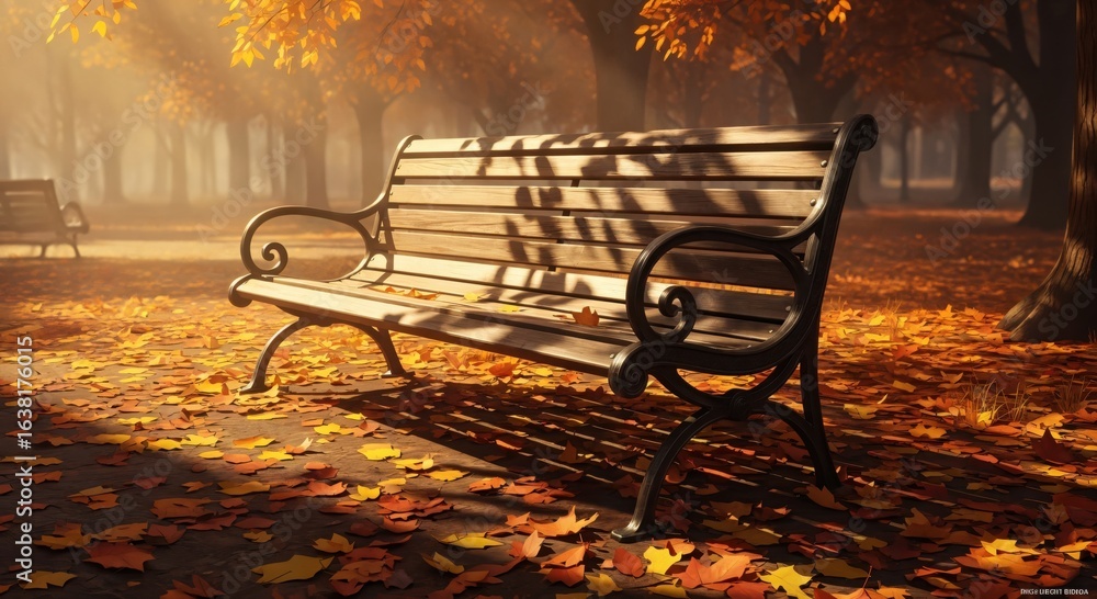 Poster empty park bench in a tranquil autumn park. golden sunlight filtering through trees with colorful fa