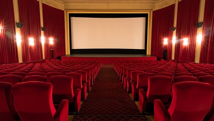 Fototapeta premium Empty Classic Movie Theater with Red Velvet Seats and Large Screen Cinematic Experience Awaits Audiences