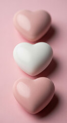 Fototapeta premium Three heart shapes, pink, white, and light pink, arranged vertically on pink background, symbolizing love, Valentine's Day, or a romantic concept