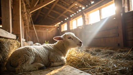 Pets Adoption for Farm Animals Sunlight Concept A sheep rests on straw inside a barn, illuminated by soft sunlight filtering through the windows.