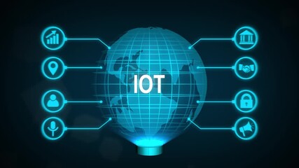 Internet of things - IOT concept ,new business concept ,tee icon attached around the map features the concept of network and technology confirmed. the map is rotating ,specify all icons,