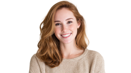 Cheerful young woman smiling in casual sweater, isolated on white background.