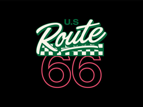 US Route 66 Retro Script and Checkered Road Sign Style