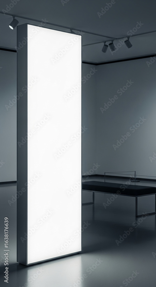 Poster bright, blank vertical display in minimalist gallery setting, showcasing ample free space for text o