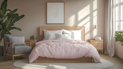 Stylish pastel bedroom with light pink bedding, decorative pillows, warm wood nightstands, and a sleek grey armchair, perfect for home inspiration magazines, hotel brochures, and design projects