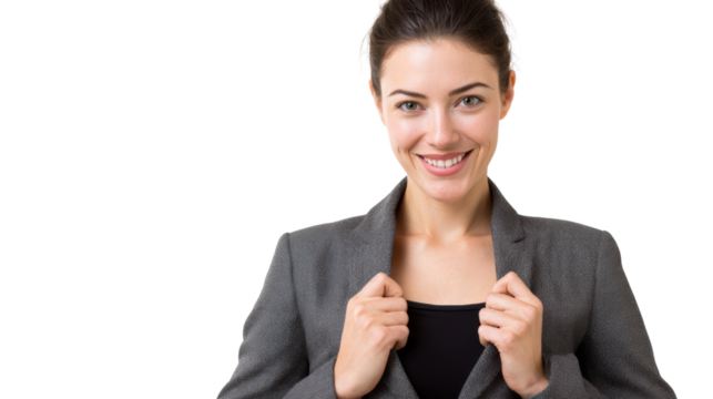 Confident businesswoman in a stylish suit smiling at the camera, isolated on white background.