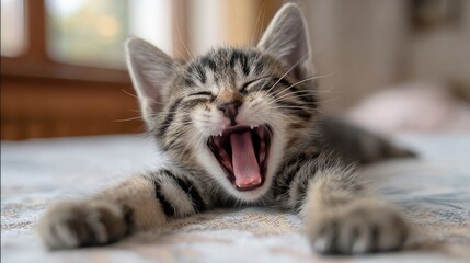 Naklejka premium A small kitten stretching its paws upward while yawning wide