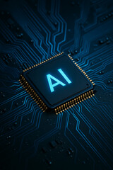 Artificial Intelligence Chip on Circuit Board with Glowing Blue AI Letters, Futuristic Technology Concept
