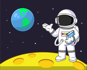 Naklejka premium Astronaut in the Moon Showing Earth Vector Illustration
