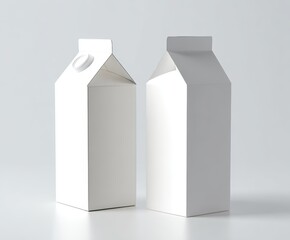 Two blank white cardboard beverage cartons, one open with triangular spout and hole