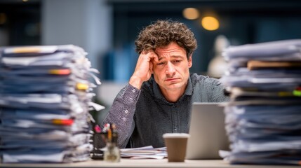   Stressed Office Worker Overwhelmed by Paperwork