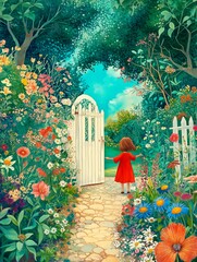 A garden scene with colorful flowers, green trees and plants, an open gate leading to the distance is visible in the style of a color pencil drawing, children's book illustration