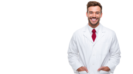Confident man in a lab coat smiling with hands in pockets, white isolated background.