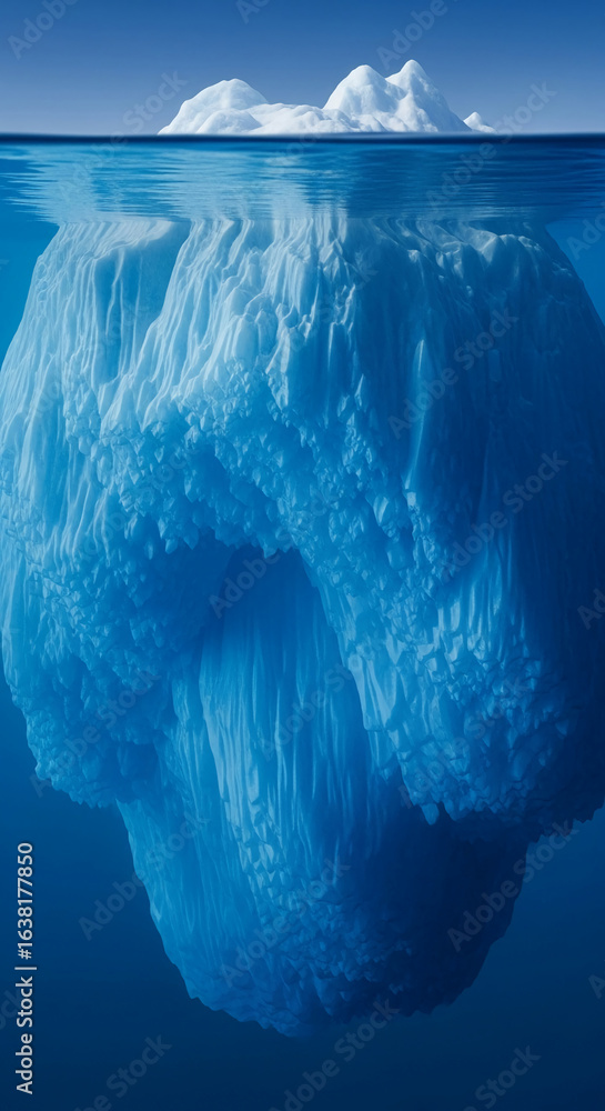 Poster underwater view of a large iceberg, showcasing its massive underwater structure contrasting with a s