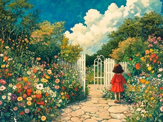 A garden scene with colorful flowers, green trees and plants, an open gate leading to the distance is visible in the style of a color pencil drawing, children's book illustration