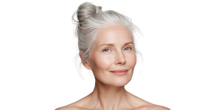 Confident older woman with silver hair smiling, inspiring beauty and self-acceptance. - Powered by Adobe