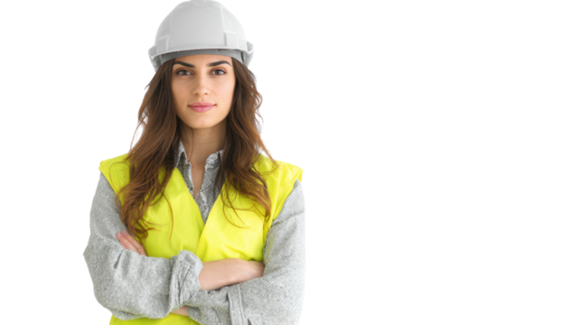 Confident woman engineer wearing safety gear, posing with arms crossed on a white background.