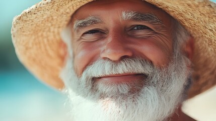 Photograph of a smiling elderly man with a white beard wearing a straw hat against a blue background.