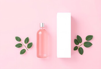 Glass Bottle with Box and Leaves on Pink