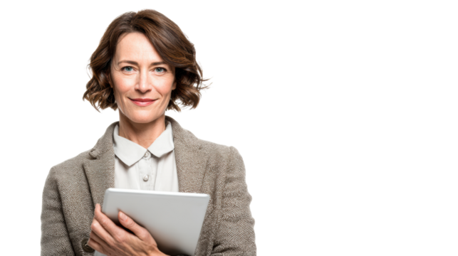 Confident woman holding a tablet, smiling in a professional setting, white isolate background.