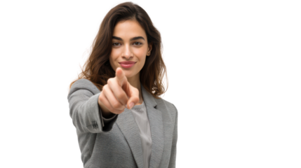 Confident woman in a suit gesturing while looking at the camera, isolated on a bright background.