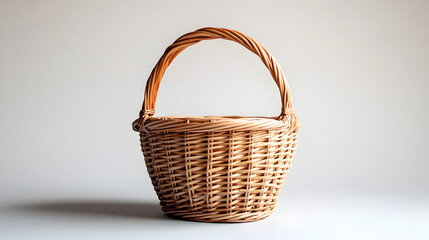Obraz premium Rustic empty wicker basket captured on a plain white backdrop with clear copy space, suitable for branding designs, marketing materials, and food presentation concepts for commercial stock imagery