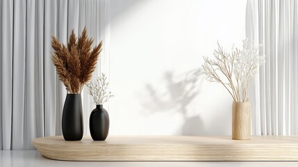Minimalist interior decor scene with a light wood oval platform, matte black vases with brown pampas grass and white dried flowers