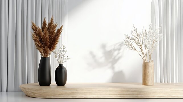 Minimalist interior decor scene with a light wood oval platform, matte black vases with brown pampas grass and white dried flowers - Powered by Adobe