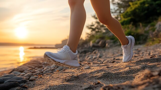 Photograph of running legs in white sneakers on a beach during sunset. - Powered by Adobe