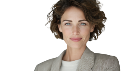 Confident woman smiling in professional attire, isolated on white background.
