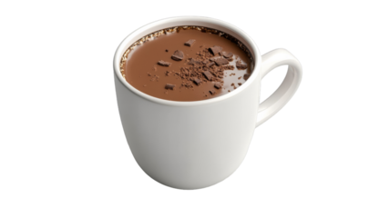 A steaming cup of rich and creamy hot chocolate topped with chocolate shavings, perfect for a cozy treat on a chilly day, on transparent background
