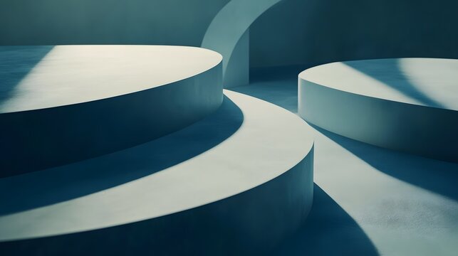 3D render of overlapping, stylized geometric shapes creating dramatic shadows and light.