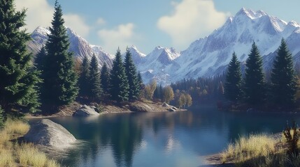 Digital illustration depicts a serene mountain lake surrounded by evergreen trees and snow-capped peaks under a...