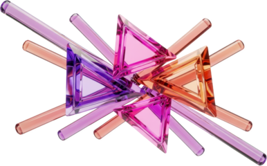 Intersecting triangular prism shapes with glossy surfaces and transparent cylindrical rods Abstract Geometric transparent background