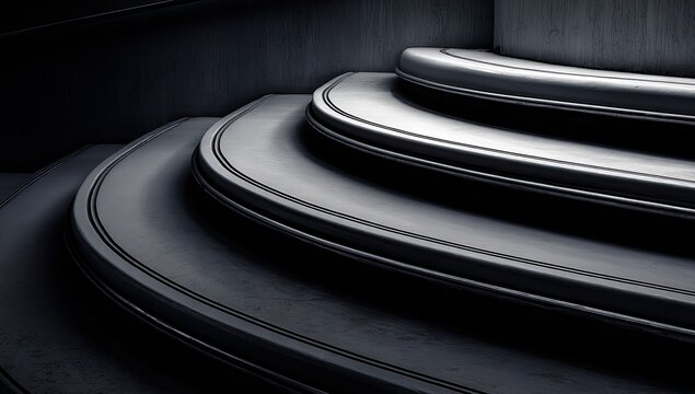 Abstract view of curved steps in a dimly lit interior