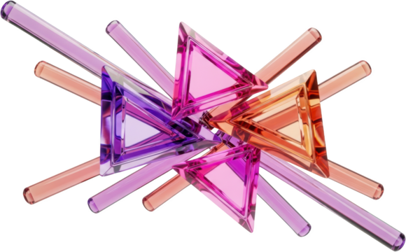 Intersecting triangular prism shapes with glossy surfaces and transparent cylindrical rods Abstract Geometric transparent background
