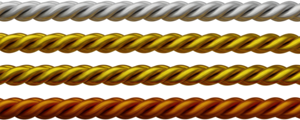 Silver gold and bronze metallic braided ropes displayed horizontally isolate Texture Material Luxury