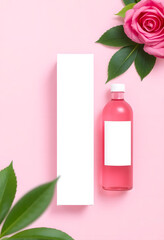 Pink Juice Bottle with Box and Green Leaves