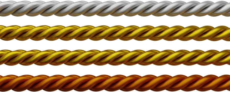Silver gold and bronze metallic braided ropes displayed horizontally isolate Texture Material Luxury - Powered by Adobe