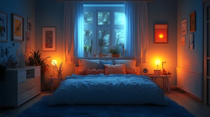 A cozy bedroom glows with warm light from bedside lamps, contrasting the cool moonlight streaming through the window, creating a peaceful and inviting ambiance.