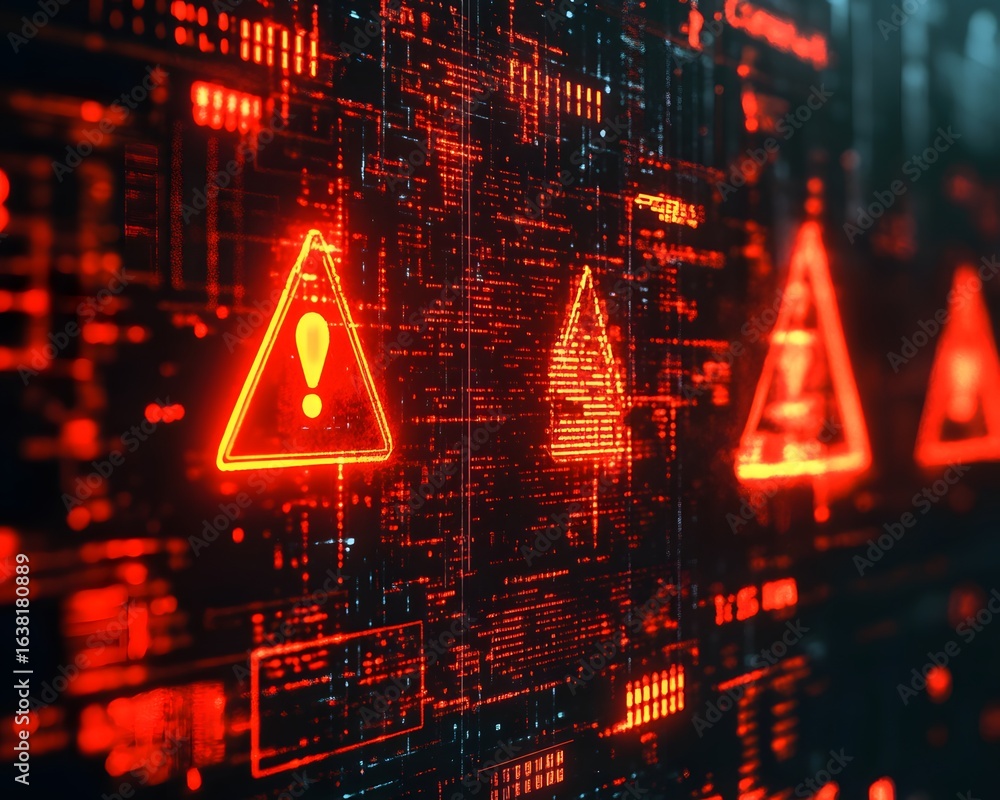 Poster a close-up view of a digital interface displaying red warning symbols, representing cybersecurity th