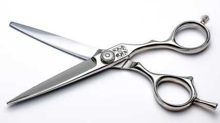 Obraz premium Barber-style mustache scissors in open position with visible sharp blades on white backdrop