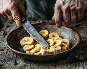 Hands slicing bananas in a rustic bowl.