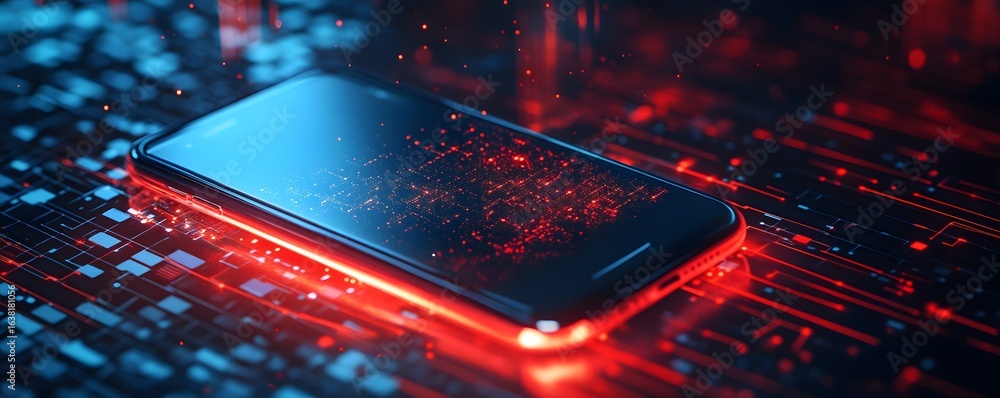 Poster a close-up view of a sleek smartphone glowing with red accents, surrounded by digital circuits and p