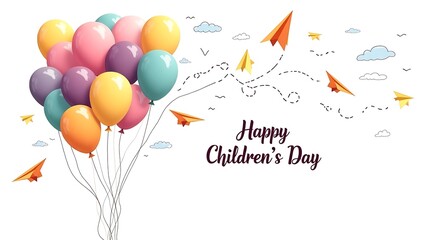 Colorful balloons and paper airplanes celebrate happy children s day